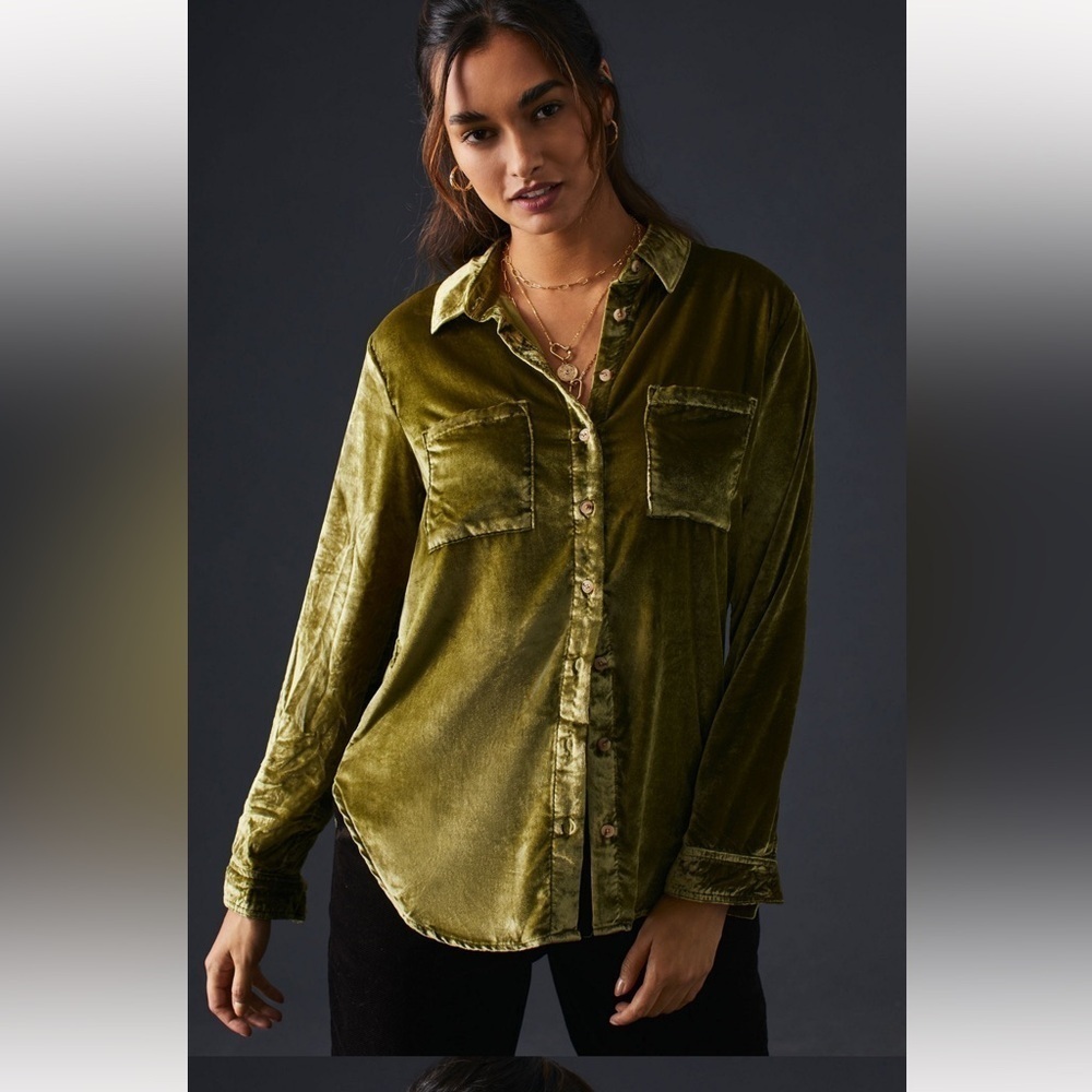 New Anthropologie pilcro Hadley velvet button down collar shirt small moss green